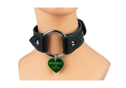 1.5" wide O-Ring collar with wings. Forest green leather, black lambskin inner lining, silver hardware, lettering, with jumbo green custom tag attached.