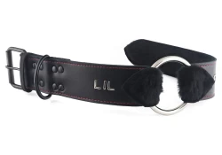 2" wide O-Ring collar with wings. Black leather, black fur inner lining, silver o-ring, black d ring by buckle, black buckle