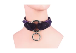 1.25" wide O-Ring collar with wings. Purple metallic leather, black fur inner lining, black pyramids, attach small ring to the centered O-Ring (special request)