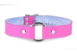 1" wide O-Ring collar with no wings. Pink leather, baby blue fur inner lining
