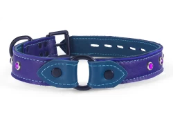 1" wide O-Ring collar with wings. Purple lambskin outer layer, teal lambskin inner lining, amethyst mini gems, black hardware, reinforced black d ring by buckle, black locking buckle.