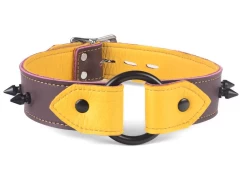 1.25" wide O-Ring collar with wings. Chocolate raspberry leather, gold suede* inner lining, black spikes, black o-ring. *Material is no longer available