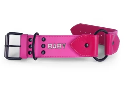 2" WIDE O-RING COLLAR WITH WINGS. PINK LEATHER, FUSCHIA LAMBSKIN INNER LINING, BLACK O-RING, BLACK D RING BY BUCKLE, BLACK BUCKLE