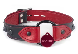 1.25" wide O-Ring collar with wings, black leather, red lambskin inner lining, black pyramids, black hardware, large red round custom tag, locking buckle