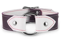 1.25" wide O-Ring collar with wings. Chocolate Raspberry leather, white lambskin inner lining, silver hardware