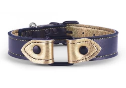 1" wide O-Ring collar with wings. Purple lambskin outer layer, gold metallic inner lining, black rectangular ring, reinforced silver d ring by buckle, black buckle