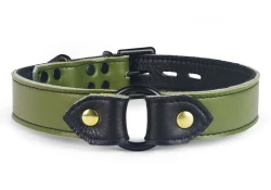 1" wide O-Ring collar with wings. Olive lambskin outer layer, black lambskin inner lining, black o-ring*, reinforced black d ring by buckle.
