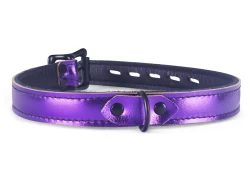 Single strap collar 0.75" wide. Purple metallic leather, purple lambskin inner lining, black d ring, black locking buckle.
