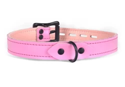 Single strap collar 0.75" wide. Rose leather, pastel lambskin inner lining, black d ring, black locking buckle.