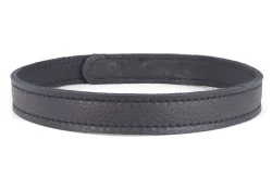 Single strap collar 0.75" wide. Black leather, black leather inner lining, snaps closure.