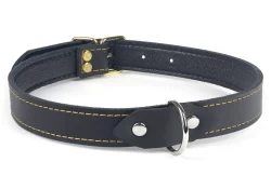Single strap collar 0.75" wide. Black leather, black lambskin inner lining, silver d ring, brass buckle.
