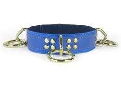Heavy duty collar, 1.5" wide. Navy blue leather* top, ocean blue leather* bottom, black suede inner lining, 3 reinforced brass loop & dee. *Materials are discontinued.