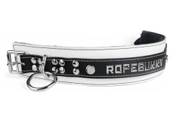 Heavy duty collar 2" wide. Black leather top, white leather bottom, black fur inner lining, lettering in center, reinforced black loop & dee by buckle, locking buckle