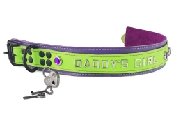 Heavy duty collar 1.5" wide. Lime green leather top, lavender leather* bottom, violet suede inner lining, lettering in center, amethyst gems, reinforced black d ring by buckle. Small black heart-shaped lock (engraving on locks is no longer offered).