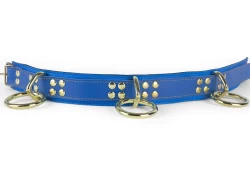 Heavy duty collar, 1.5" wide. Navy blue leather* top, ocean blue leather* bottom, black suede inner lining, 3 reinforced brass loop & dee. *Materials are discontinued.