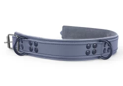Heavy duty collar 1.5" wide. Grey leather top, grey leather bottom, grey suede inner lining, reinforced black d ring in center, black d ring by buckle.