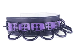 Heavy duty collar 2" wide. Iris leather top, black leather bottom, white fur inner lining, back to back reinforced black loop & dee attachments.