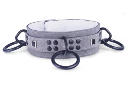 Heavy duty collar 1.75" wide. grey suede outer layer top, grey suede outer layer bottom, white fur inner lining, 3 reinforced black loop & dee, onyx squares.