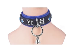 Heavy duty collar 1.75" wide. Black leather top, ocean blue leather* bottom, reinforced loop & dee (with small bell attached), aquamarine diamond gems.