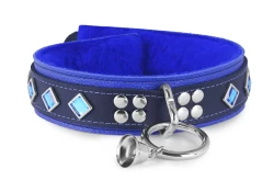 Heavy duty collar 1.75" wide. Black leather top, ocean blue leather* bottom, reinforced loop & dee (with small bell attached), aquamarine diamond gems.