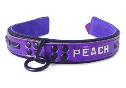 Heavy duty collar 1.25" wide. Purple metallic leather top, black leather bottom, iris suede inner lining, reinforced black loop & dee, lettering, black bevels.