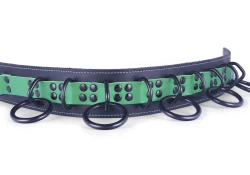 Heavy duty collar 2" wide. Italian green leather top, black leather bottom, alternating reinforced black d ring and black loop & dee.
