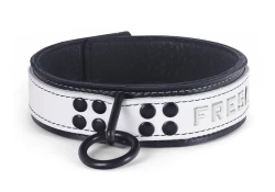 Heavy duty collar 1.5" wide. White leather top, black lambskin outer layer bottom, black leather inner lining, reinforced black loop & dee in center, lettering.