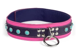 Heavy duty collar 1.75" wide. Midnight Purple leather top, pink leather bottom, purple lambskin inner lining. reinforced loop & dee, turquoise gems (discontinued).