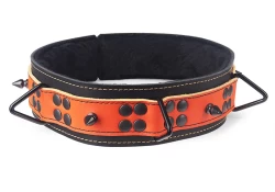 Heavy duty collar 1.75" wide. Orange leather top, black leather bottom, black fur inner lining, 3 reinforced black triangles, black spikes.
