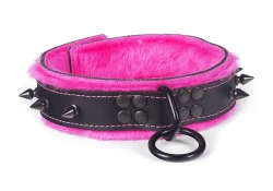 Heavy duty collar 1.5" wide. Black leather top, pink fur outer layer bottom, pink fur inner lining, reinforced black loop & dee, black spikes.