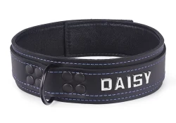 Heavy duty collar 1.5" wide. Black leather top, black leather bottom, black lambskin inner lining, reinforced black d ring, lettering.