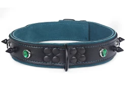 Heavy duty collar 1.25" wide. Black lambskin outer layer top, teal suede outer layer bottom, teal suede inner lining, reinforced black d ring, alternating emerald gems and black spikes.