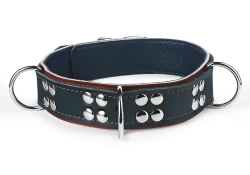 Heavy duty collar 1.25" wide. Forest green leather top, milk chocolate leather bottom, forest green lambskin inner lining, 3 reinforced d rings.