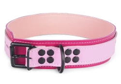 Heavy duty collar 1.5" wide. Rose leather top, fuchsia leather bottom, pastel lambskin inner lining, reinforced black d ring by buckle, black buckle.