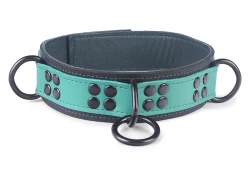 Heavy duty collar 1.5" wide. Teal leather top, black leather bottom, black lambskin inner lining, reinforced black loop & dee in center, reinforced black d ring on each side.