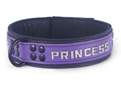 Heavy duty collar 1.5" wide. Iris leather top, black leather bottom, black leather inner lining, reinforced black d ring, lettering.