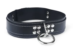 Heavy duty collar 1.5" wide. Black leather top, black leather bottom, no inner lining, reinforced loop & dee.