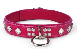 Heavy duty collar 1.25" wide. Fuchsia leather top, fuchsia leather bottom, fuchsia lambskin inner lining, reinforced loop & dee, crystal diamond gems.