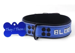 Heavy duty collar 1.25" wide. Navy blue leather top. black leather bottom, reinforced black d ring (with jumbo blue bone custom tag), lettering.