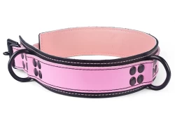 Heavy duty collar 1.5" wide. Rose leather top, black leather bottom, pastel lambskin inner lining, reinforced black d ring in center, reinforced black d ring by buckle, black locking buckle.