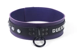 Heavy duty collar 1.75" wide. Black leather top, Midnight Purple leather bottom, purple lambskin inner lining, reinforced black loop & dee, lettering and opal gems.