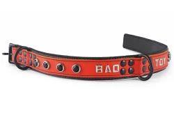 Heavy duty collar 1.25" wide. Orange leather top, black leather bottom, reinforced black d ring in center, reinforced black d ring by buckle, lettering and onyx gems.