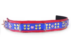 Heavy duty collar 1.75" wide. Blue metallic leather top, red metallic leather bottom, 3 reinforced brass d rings, lilac gems.
