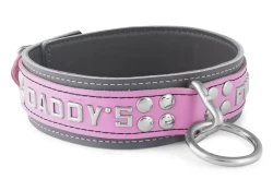 Heavy duty collar 1.75" wide. Rose leather top, grey leather bottom, grey lambskin inner lining, reinforced loop & dee, lettering.