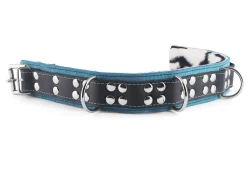 Heavy duty collar 1.5" wide. Black leather top, teal suede outer layer bottom, zebra fur inner lining, 3 reinforced d rings.