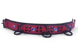 Heavy duty collar 1.75" wide. Red leather top, black leather bottom, 3 reinforced black loop & dee, sapphire gems.