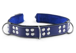 Heavy duty collar 1.25" wide. Royal blue leather top, black leather bottom, royal blue fur inner lining, 3 reinforced d rings.
