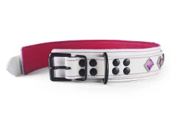 Heavy duty collar 1.5" wide. White leather top, white leather bottom, fuchsia lambskin inner lining, pink diamond gems, black locking buckle, reinforced black d ring by buckle.