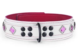 Heavy duty collar 1.5" wide. White leather top, white leather bottom, fuchsia lambskin inner lining, pink diamond gems, reinforced black d ring in center.