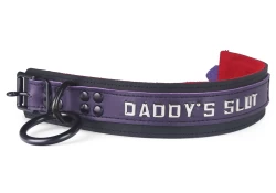 Heavy duty collar 1.75" wide. Midnight Purple leather top, black leather bottom, red suede inner lining, lettering in center, reinforced black loop & dee by buckle, black locking buckle.